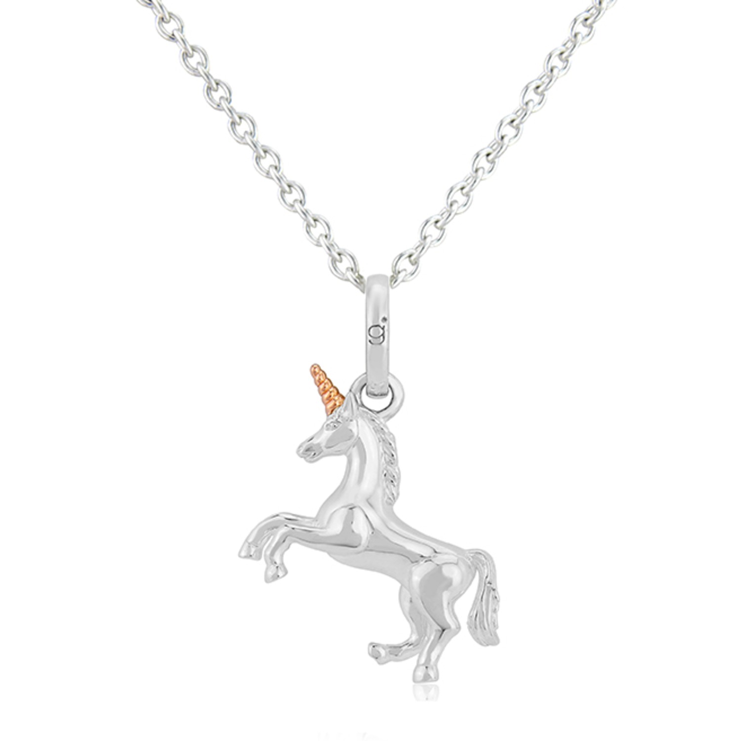 SIlver rearing unicorn pendant on a silver chain against a white background