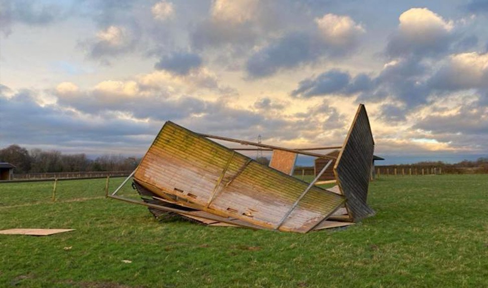 Damage caused to field shelter by Storm Henk