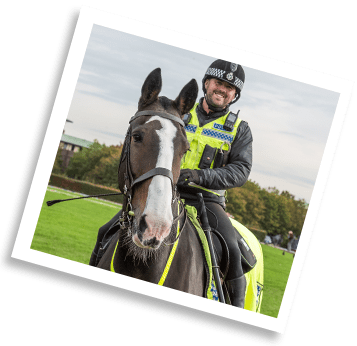 Police horse and rider stood by the windy and sunny Welsh coast